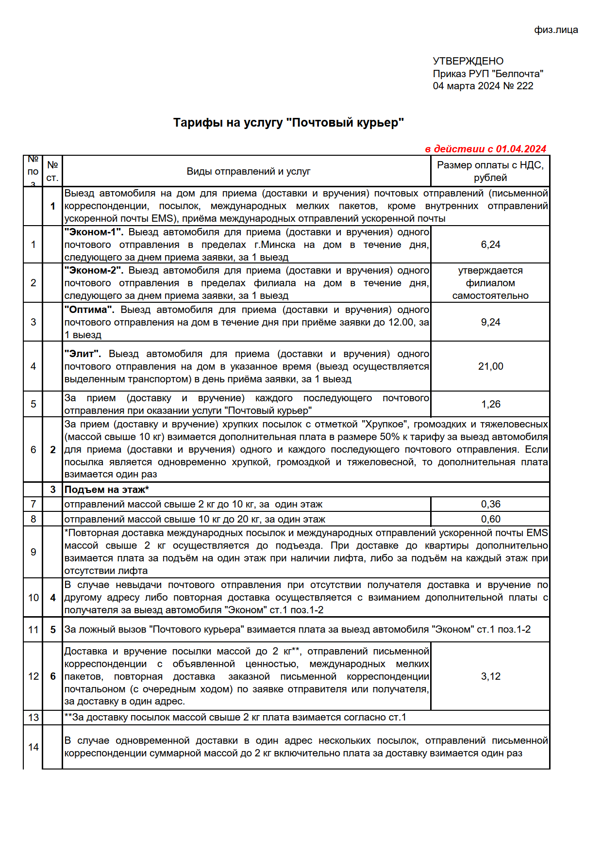 Postal Courier Service Rates